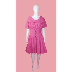 1980s Cotton Pink CORSET Waist Full Skirt TULLE BATWING Short Sleeve Dress. S-M